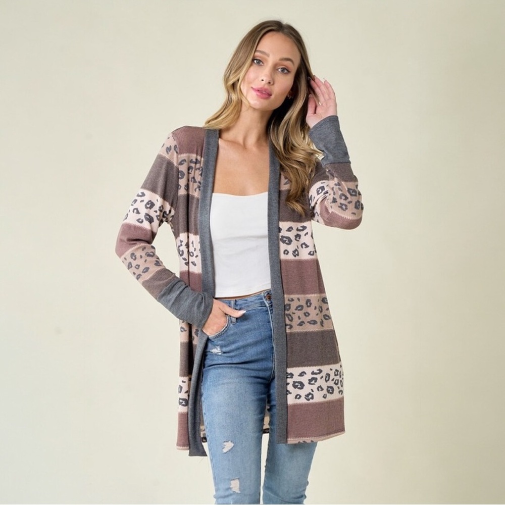 Taupe Leopard & Stripe Open Front Cardigan Soft Knit Long Sleeve Layer